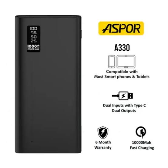 Aspor A330 LED digital display Power BankOriginal 10000mAh Capacity