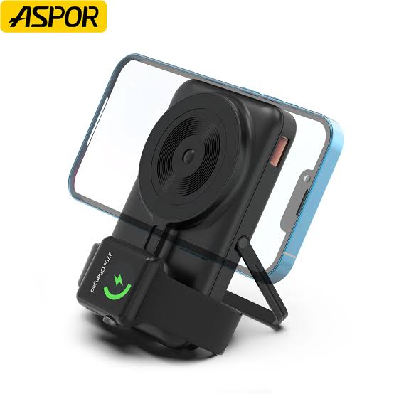 Aspor A328 Phone And Watch Charging Wireless Magnetic Power Bank Built In 2 Cable 10000 Mah With Phone Stand