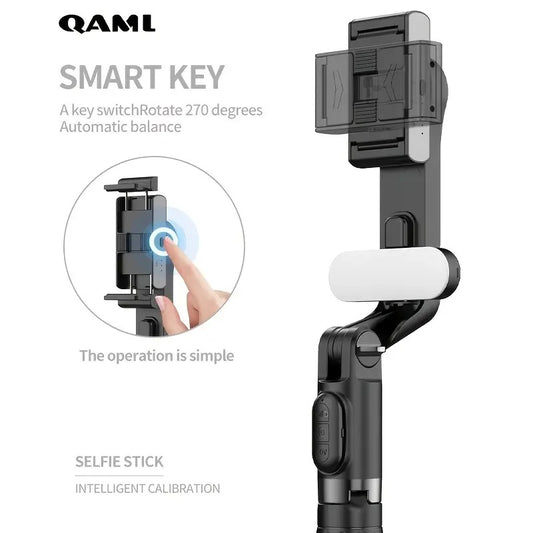 QAML A6 2025 1-axis handheld gimbal stabilizer with selfie stickc / tripod, wireless remote, 400mAh Li-ion battery, USB charging, iOS