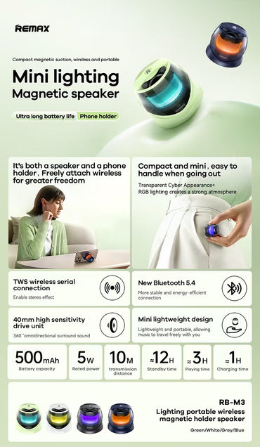 REMAX Lighting Wireless Portable Magnetic Holder Speaker RB-M3
