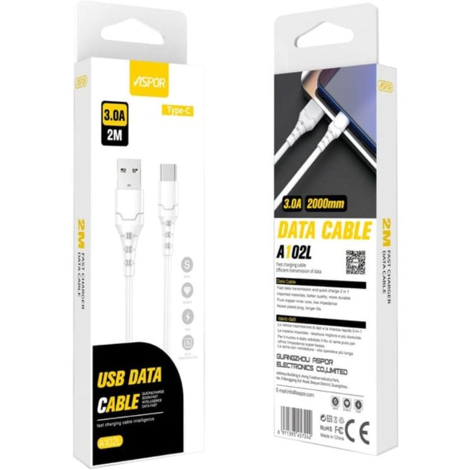 Aspor A102L 2 Meter Type C 3A Fast Charge Cable