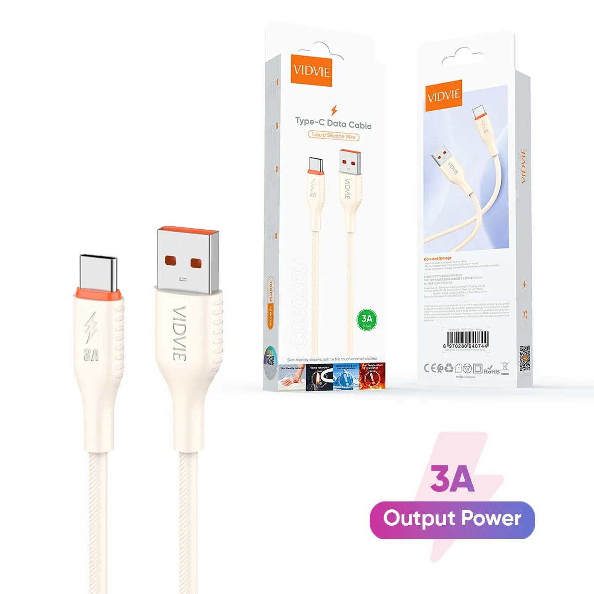 Vidvie CB4050 Type-C 3A Data Cable 1M Liquid silicone