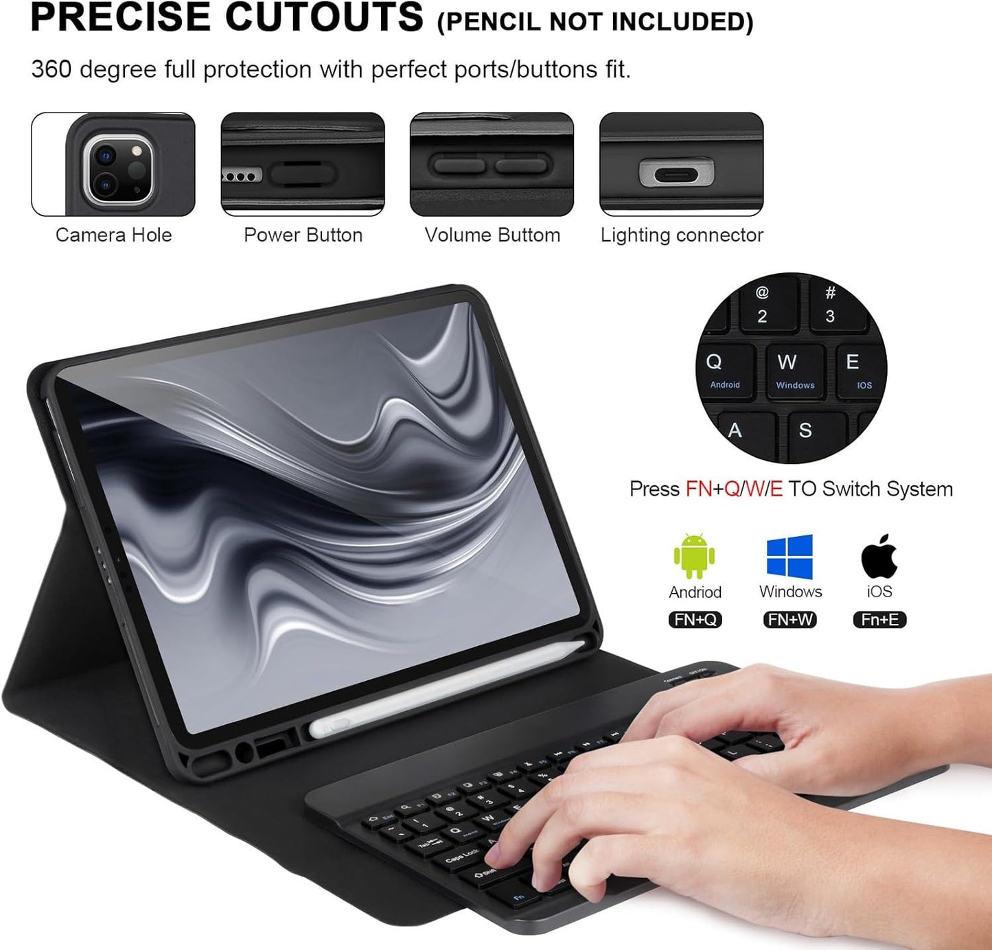 Detachable Bluetooth Keyboard Case With Pencil Holder, Backlight & Touch Pad For iPad Pro 12.9 1st / 2nd Black