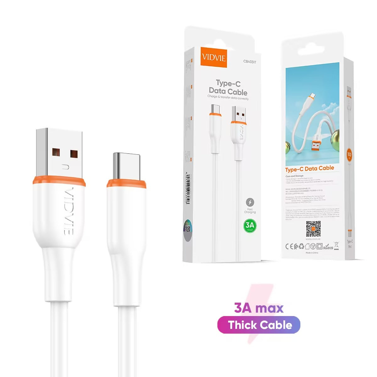 VIDVIE Cable CB4031 USB A to Type C Charging Data Cable 3A 1m